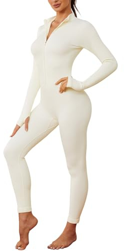 Nadeer Sportoverall för kvinnor Slim Fit Jumpsuit Yoga Jumpsuit Långärmad V-hals med dragkedja Sportkläder Stretch Gym Jumpsuit Ribbad Träning Fitness