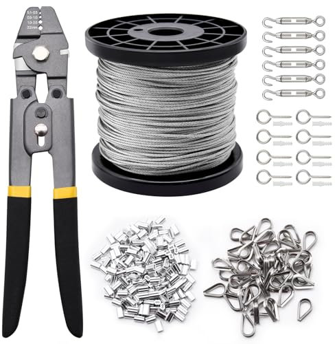 Wire Rope Set, 328ft 1/16 Wire Rope Cable with 200pcs Crimping Sleeves 50pcs Thimbles 6pcs M4 Hook & Eye Turnbuckle and 8pcs Eye Screws for Railing, Decking, Hanging