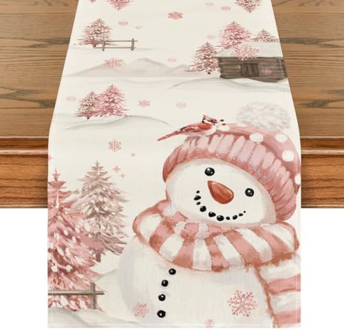 Artoid Mode Rosa Schneemann Weihnachten Tischläufer, Saisonnal Winter Küche Tisch Dekoration Drinnen Urlaub Party Dekor 40x300 cm