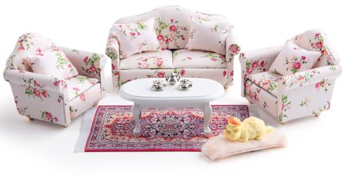 Minamzee 1:12 Puppenhaus Möbel Sofa Set, 16 Teiliges Miniatur Holz Couch mit Kissen, Couchtisch, Teppich Puppenstuben Möbel Zubehör Set für Das Wohnzimme