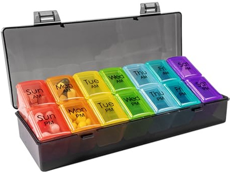 MMSGA Pille Organizer, Medizinbox mit 14 extra großen Fächern, tragbar und kompakt, für Medikamente/Vitamine/Fischöle/Ergänzungen, 2 Mal täglich, 7 Tage