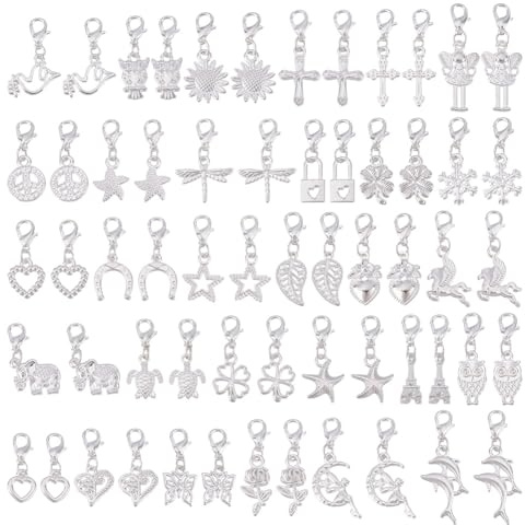 HOBBIESAY 60 Stück 30 Stile Clip auf Charm Anhänger 22.5-35.5mm S Dangle Charms mit Hummer Verschluss gemischte Stile Handwerk Charme für Schmuck machen