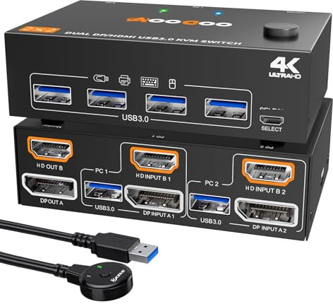 Switch KVM HDMI Displayport 2 PC 2 Monitor 4K@60Hz/2K@120Hz Switch KVM con telecomando cablato Cavo USB 3.0 incluso