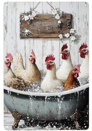 Blechschild Hühnerstall, Metallschild Personalisiert Hühner, Lustige Szene Einer Gruppe Hühner, Die In Der Badewanne „Baden“, Hühnerliebhaber Geschenke Schild Aus Metall, 20x30cm