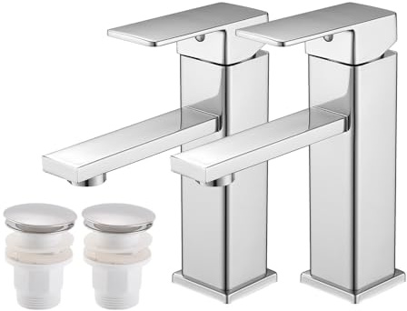 Vuadzren Rubinetto Bagno Lavabo Miscelatore da lavabo a foro singolo, forma quadrata, cromo, a leva singola con cartuccia ceramica, in acciaio inox(2, miscelatore cromato con scarico)