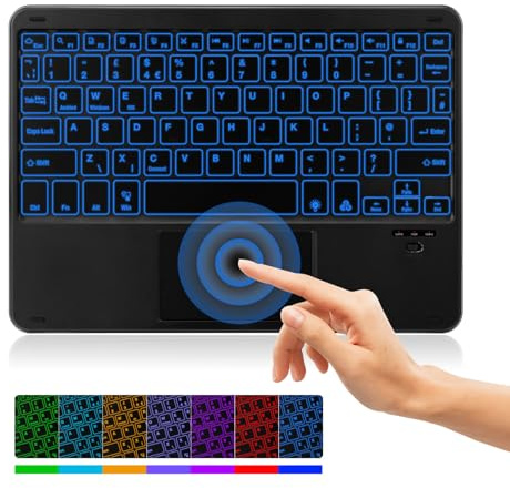 MAYPHY Wireless Mini Keyboard with Touchpad, 7-Color Backlight Portable Bluetooth Keyboard, Rechargeable Keyboards for iPad, Tablets, Laptops, Silent Keys & Compact Design, Black