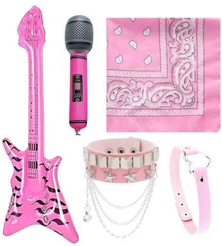 YTPAFK 5Pcs Rockstar Costume for Kids, Glam Rock Fancy Dress Set with Inflatable Guitar and Microphone, 80s Rock Star Accessories for Girls, Perfect for Parties and Performances