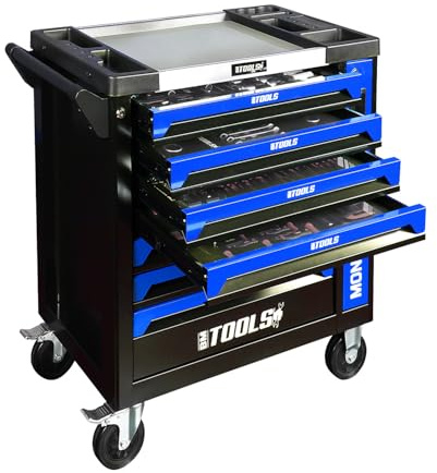 BM TOOLS Servante d'atelier Mécanique 9/7 Monster Blue 7 tiroirs Pleins, Tiroir en façade - 257 Outils - Chariot sur roulettes
