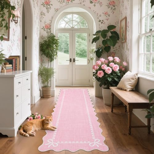 CAROMIO Waschbarer Wellenrand Läufer 60x180 cm rutschfest Flur Küche Rosa