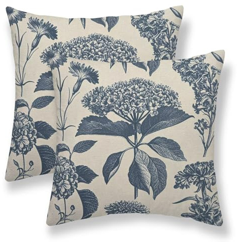 Navy Blue Floral Pillow Covers 18 x 18 Inch Set of 2 Vintage Hydrangea Herbs Botanical Decorative Throw Pillow Covers Linen Square Vintage Outdoor Flower Decor Pillowcase for Home Couch Sofa