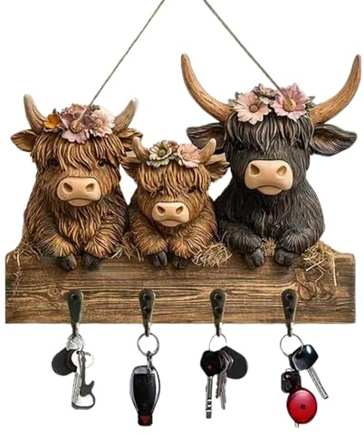 Copbopwn Highland Cow Key Holder for Wall 2D Rustic Wooden Key Rack with 4 Hooks Highland Cow Ornaments 25x19cm Farmhouse Wall Mounted Key Hanger for Entryway Hallway Home & Office Organization