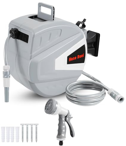Hebitod Avvolgitubo automatico da giardino, 20 + 2 m, con supporto a parete, avvolgitubo con doccetta e tubo da giardino, girevole a 180°, per irrigazione giardino, lavaggio auto e pulizia del patio