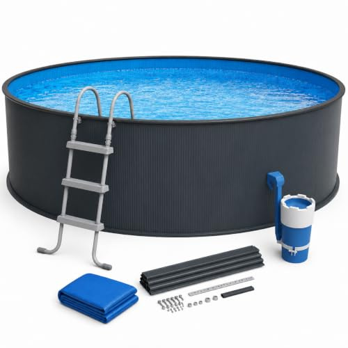 poolomio Stahlwandpool Set rund Ø 450 x 90 cm anthrazit 12.500 l mit Leiter | Komplettset mit Sicherheitsleiter, Kartuschenfilter & PVC-Innenfolie – Made in Europe nach EN 16562-1, einfacher DIY-Aufbau