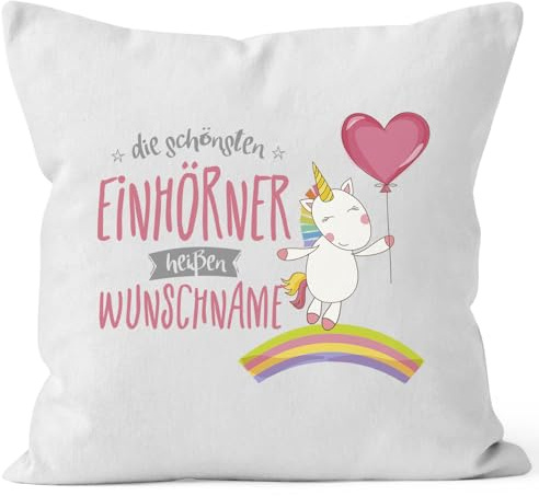 MoonWorks Einhorn Kissen mit Wunsch-Name Personalisierbar Individuell Geschenk Weiss Unisize