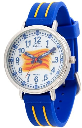 Kiddus Orologio Educativo per Bambini, Ragazze. Da Polso, Analogico. Con Esercizi per Imparare a Leggere l’Ora. Facilità di Lettura. Movimento al Quarzo Giapponese. Bandiera Catalana