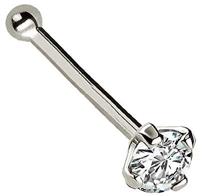 Jewelry Avalanche Solid 14Kt Gold Nose Bone Stud, 24G (0.5mm) Nose Bone, Nose Stud, 14kt Yellow Gold or 14kt White Gold Nose Ring Prong Set CZ Accent-W2mm
