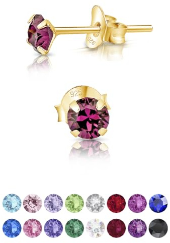 Pendientes de Botón Plata Ley 925 Chapados Oro 24K on Cristales Brillantes Multicolor - Pendientes Dorados para Mujer - Punto de Luz Hipoalergénicos - Diámetro 4 mm