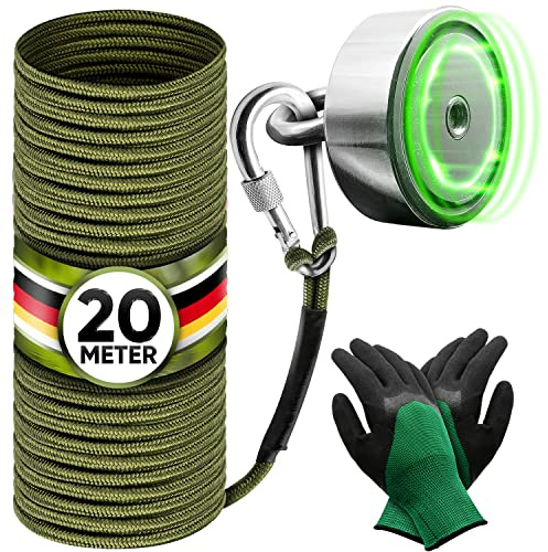 Jungle Monkey® Premium Magnetangel Set 200kg [Zugkraft DEKRA geprüft] Magnetfischen Komplettset inkl. 20m Seil + wasserfeste Handschuhe für Magnet fischen I Magnet angeln in Flüssen und Seen