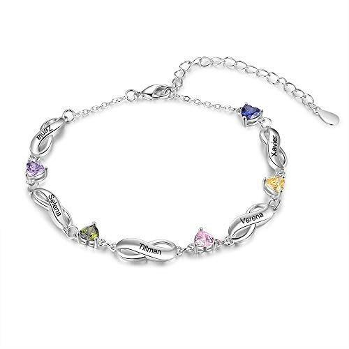 ALBERTBAND Armbänder Personalisiertes Silber Infinity Armband mit 1-7 Namen und Charms Simulierte Geburtssteine Verstellbare Armbänder für Frauen Mädchen