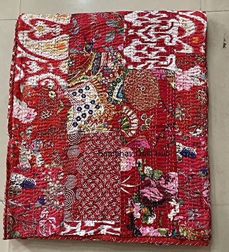 Multi Floral sortierte Baumwolle Patchwork Kantha Quilt Home Dekorative handgemachte Patch gesteppt King Size Bohemian Bettwäsche Überwurf Decke Vintage Quilt (rot, 152,4 x 228,9 cm)