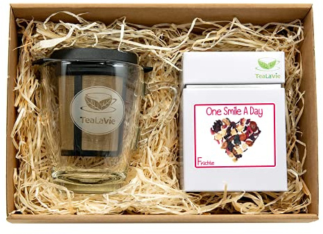 TEALAVIE – Tee Geschenk Set - TeaForOne One Smile A Day | Stilvolles Teeglas mit Dauerfilter und exklusiver Teedose – 100g Früchtetee - Tea-For-One-Set - Passt immer 2026