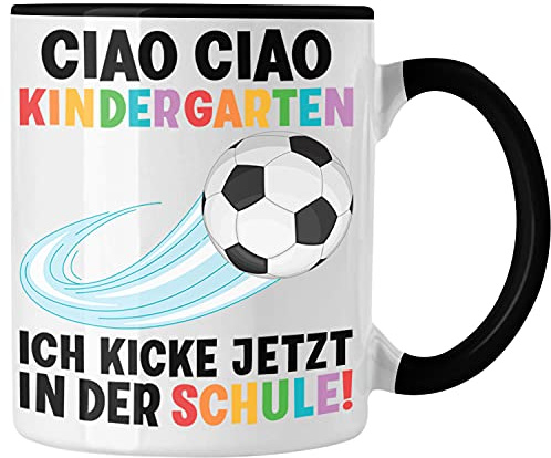 Trendation - Einschulung Junge Fußball Schulkind Geschenk für Schultüte Füllung Tasse Schulstart 1. Schultag Schuleinführung Schulanfang Geschenkidee 2021 (Schwarz)