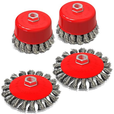 BLOSTM Twist Knot Wire Brush Set 4 PCS - Angle Grinder Wire Brush Set for Paint & Rust Removal, Weld Cleaning, Fits Any 115mm Angle Grinder With M14 Thread - 75mm (3) Cup & 100mm (4) Flat