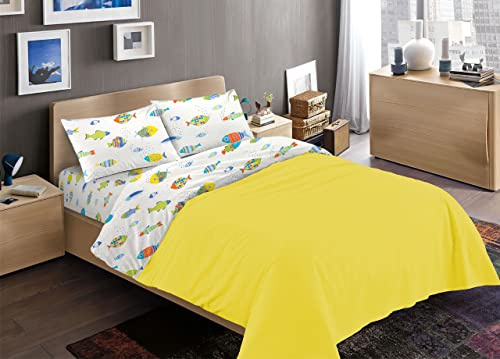 BIANCHERIAWEB Completo Lenzuola Letto 100% Cotone Disegno Pesciolini Colorati RP Made in Italy Fantasia Marina Estiva 1 Piazza Pesciolini