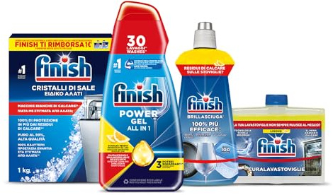 Finish Kit Lavastoviglie; Finish Powergel Detersivo Lavastoviglie Lemon 30 Lavaggi, Brillantante Limone 250ml, Curalavastoviglie Limone 250ml, Cristalli di Sale 1kg