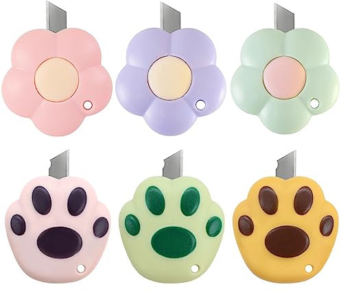 CIOUYAOS 6pcs Brieföffner, Mini Cuttermesser Klein Paketöffner Utility Knife, Sicherheits Box Cutter für Clean Girl Aesthetic Schule Büro Haus Stuff (3 Katter 3 Blumen)