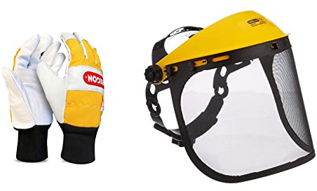 Oregon 295399M Chainsaw Protective Gloves, Leather – Pair (M) & Q515064 Browguard and Steel Mesh Visor Combination, Adjustable Safety Face Shield, Black/Yellow