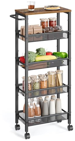 VASAGLE Slim Rolling Cart, 5-Tier Storage Cart, Narrow Cart with Handle, 8.7 Inches Deep, Metal Frame, for Kitchen, Dining Room, Living Room, Home Office, Rustic Brown and Classic Black ULRC035B01