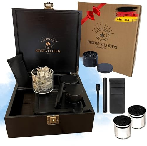 HIDDEN CLOUDS Premium Stash Box I Grinder Box Geschenkset mit Joint Hülle, 2 Aufbewahrungsgläser Luftdicht, Rolling Tray, Extra viel Stauraum und Individuell Anpassbar, Kräuteranbau, Männergeschenk