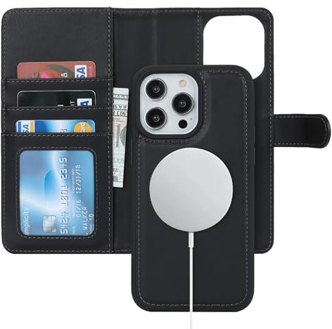 Zouzt Magnetic Wallet Case for iPhone 13 Pro Max/12 Pro Max (6.7), Black | Premium PU Leather, with Card Holder, for Magsafe, Wireless Charging, 2 in 1 Detachable, Shockproof Flip Folio Phone Cover