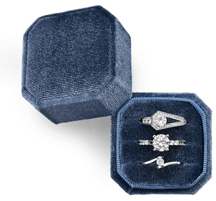 Oirlv Samt 3 Slots Achteck Ring Box 3 Ringbox für Vorschlag Verlobung Hochzeit Valentinstag(Blau)
