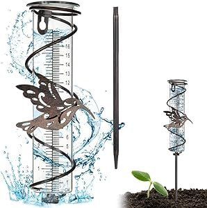 Udbrud Outdoor-Regenmesser, 7-Zoll-Glas-Regenmesser mit Klarer Skala Abnehmbarer Niederschlagsmesser mit Erdspieß Kolibri-Spiral-Regenmesser für Garten, Rasen, Terrasse, Wegelandschaft