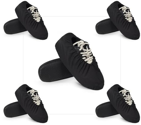 BASVII Schuhüberzieher Mehrweg Aus Netzstoff, Atmungsaktiv und Rutschfest - Maschinenwaschbar Überzieher Schuhe Umweltfreundliche Alternative Überschuhe Einweg, Covers (5 Paare, Schwarz)