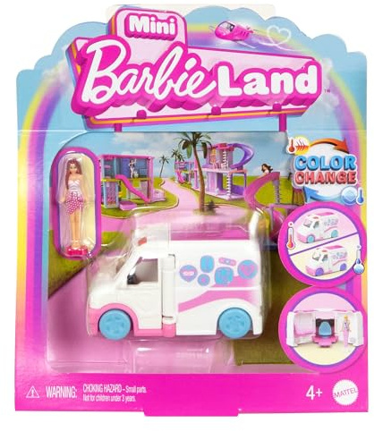 Barbie Mini BarbieLand Puppen- und Spielzeugfahrzeugset, ca. 4 cm große Puppe, Krankenwagen mit Farbwechsel und medizinische Praxis, JCR34