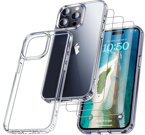 RKINC Cover per iPhone 15 Pro Max 6,7 Pollici, Custodia Mai ingiallimento Standard militare Antiurto Antigraffio, 1 Cover protettiva con 3 pezzi Vetro temperato Armatura Pellicola Trasparente