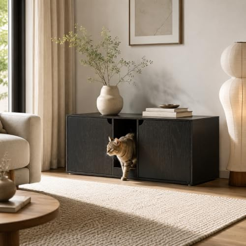 Katzenschrank, Katzentoilette, Katzenklo Schrank, Katzenhaus mit Tür und Abfallbehälter, 40 x 52 x 110 cm, Stabile Katzenschrank, Sitzbank, Schwarz, MDF