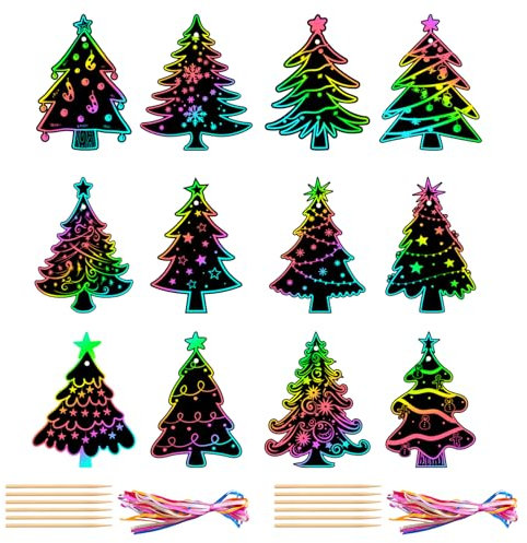 Qpout 48 Stück Weihnachten Kratzbilder, Weihnachten Kratzpapier, Regenbogen-Weihnachts-Rubbelkarten, Weihnachtsfeier-Geschenke Kinder Mitgebsel, Weihnachtsbaum-Muster