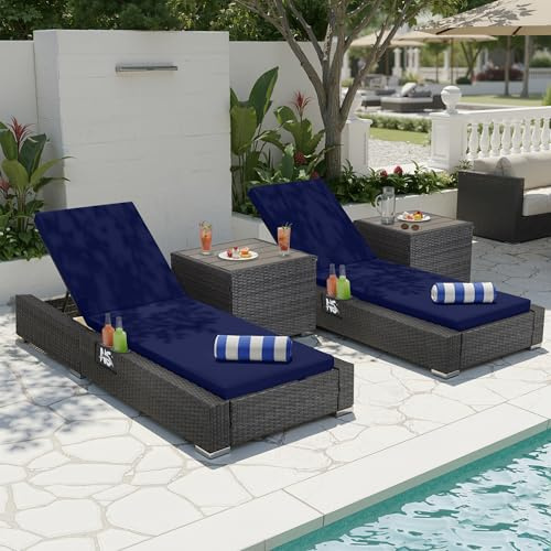 NICESOUL Outdoor Wicker Double Chaise Lounge Set with Side Tables, 4Pcs Adjustable 5-Position Ratten Patio Recliner with Cushions, Heavy-Duty 500Lbs Poolside Lounger for Backyard, Deck, Blue