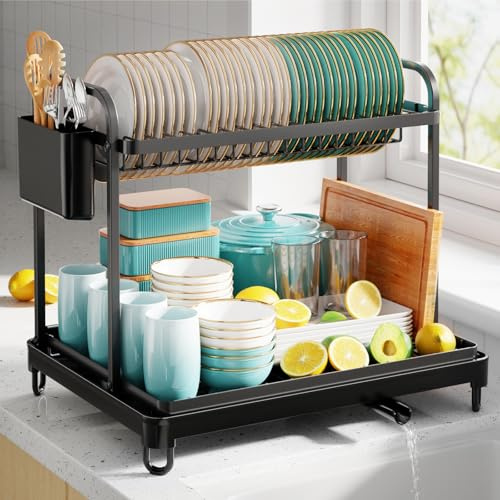 Kitsure Space-Saving Dish Drainer Rack, 2-Tier, X-Large, Black | Dish Racks for Kitchen Counter, Stainless Steel Kitchen Drying Rack with a Cutlery Holder, Dish Drying Rack