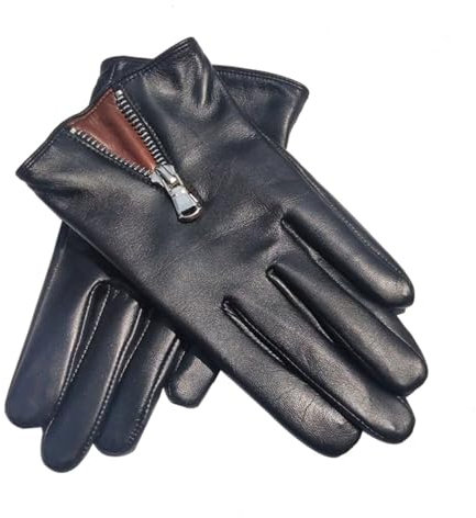 Italienische Lederhandschuhe für Damen, ungefüttert, Touchscreen, Leder, Fahrhandschuhe, Reißverschluss, Fahrer, Lederhandschuhe, schwarz, warmes Futter, Größe S