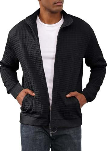 HOTIAN Jacka för män, quiltad jacka, övergångsjacka, vårlik rutig jacquard, fritid, lätta jackor, ståkrage med ficka