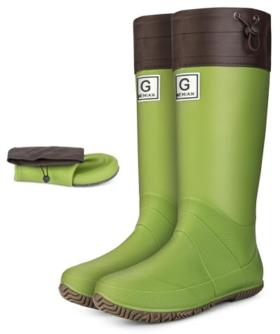 Women’s Mid-Calf Rain Boots – Waterproof Foldable Rubber Boots with Adjustable Cuff, Anti-Slip Sole, Lightweight (Green)