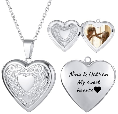 OTXIXTO Personalized Picture Heart Locket Necklace Custom Birth Flower Text Silver/Gold/Rosegold Photo Necklace Memorial Gifts for Women Mom Daughter - A1