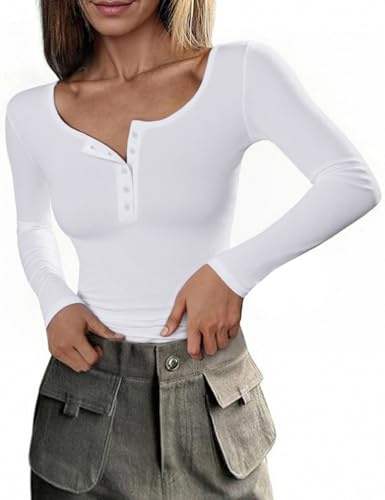 Totatuit Camiseta Manga Larga Mujer Cuello Henley Básica Ajustada de Algodón Acanalada Elástica Casual Elegante Túnica de Punto Blanco，L