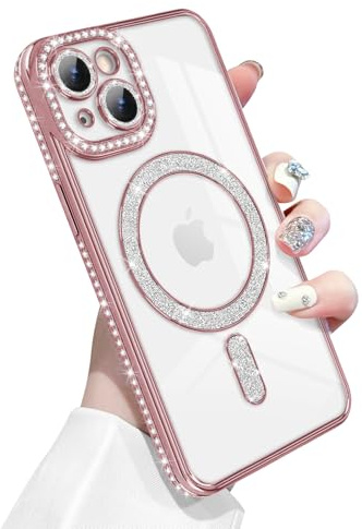 Newseego Coque pour iPhone 13 Compatible avec MagSafe, Rose | Magnétique, Paillettes Bling Diamant, Transparent, TPU Souple, Protection Caméra, Étui Housse Bumper Antichoc, pour Femmes