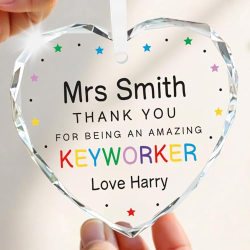 Beecreative Personalised Key Worker Gifts - Custom Crystal Glass Decoration - Nursery Keyworker Thank You Present - With Grey Gift Bag